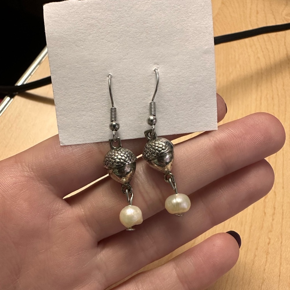 Handmade Freshwater Pearl Drop/Dangle Silver Acorn Earrings